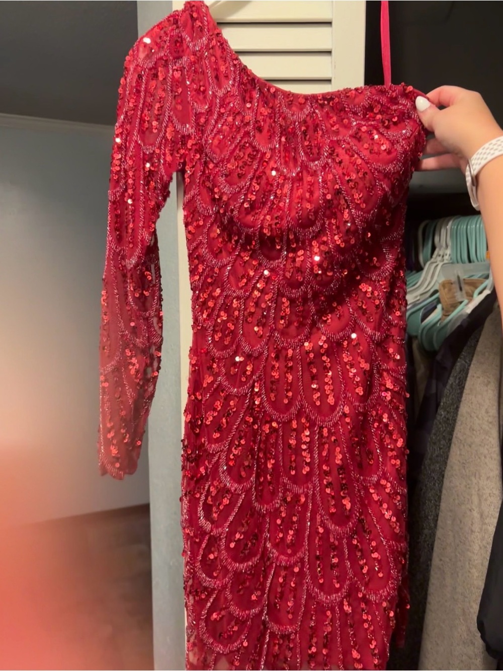 Red Sequin One-Shoulder Homecoming Dress